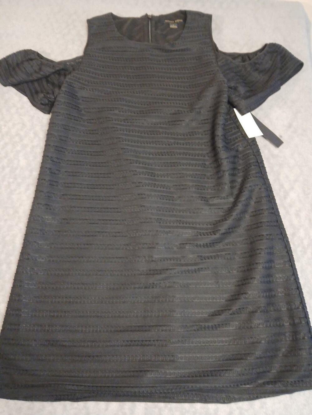 Cynthia Steffe Size 6 Black Textured Dress Cold- Shoulder Sleeve NWT A-line